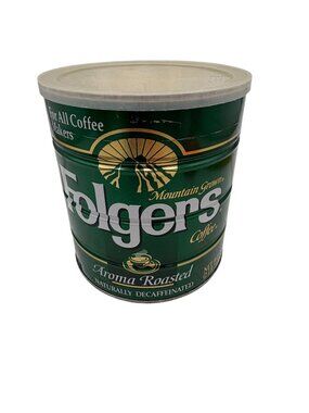 Vintage Folgers Coffee Tin Can With Plastic Lid - Aroma Roasted Naturally Decaff